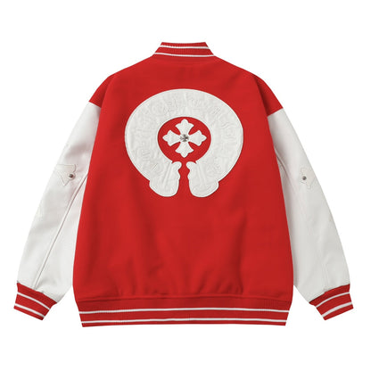 Chrome Hearts Red Cross Varsity Jacket - White Sleeve Gothic Street Baseball Coat