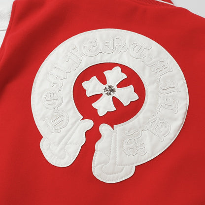Chrome Hearts Red Cross Varsity Jacket - White Sleeve Gothic Street Baseball Coat