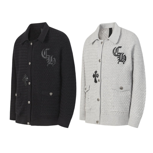 Chrome Hearts Embroidered Knit Cardigan - Black Grey Streetwear Jacket