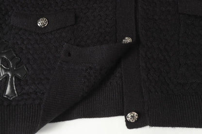 Chrome Hearts Embroidered Knit Cardigan - Black Grey Streetwear Jacket