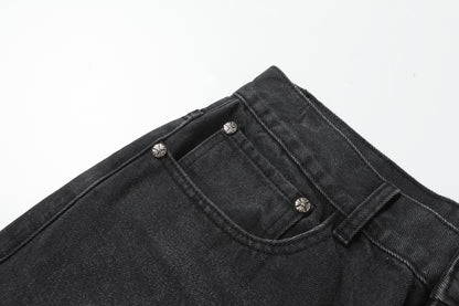 Chrome Hearts Grey & Blue Leather Cross Patches Jeans