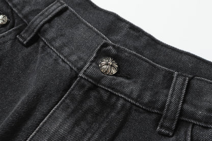 Chrome Hearts White & Black Leather Cross Patches Jeans