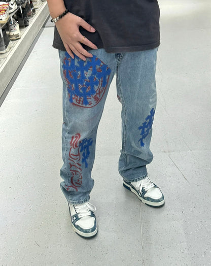 Chrome Hearts Extremely Rare Blue Cross Patch Spraypainted Jeans