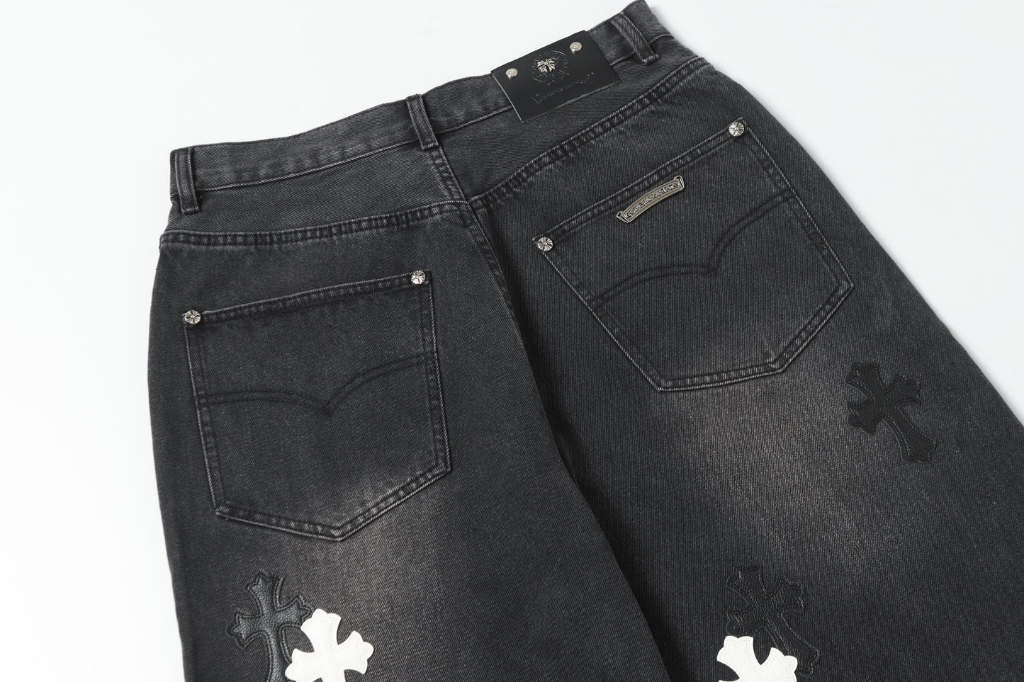 Chrome Hearts White & Black Leather Cross Patches Jeans