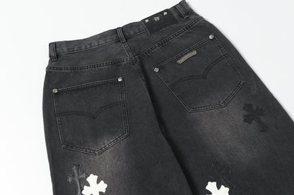 Chrome Hearts White & Black Leather Cross Patches Jeans