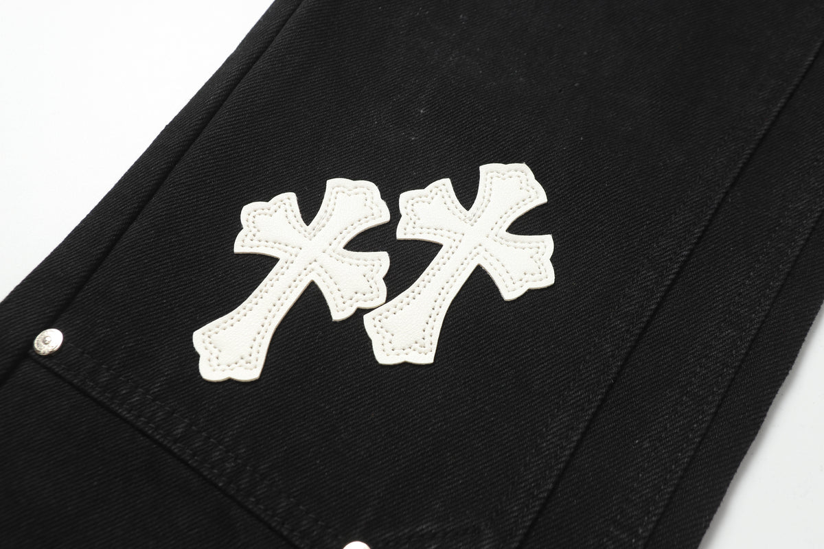 Chrome Hearts White & Blue Leather Cross Patches Jeans