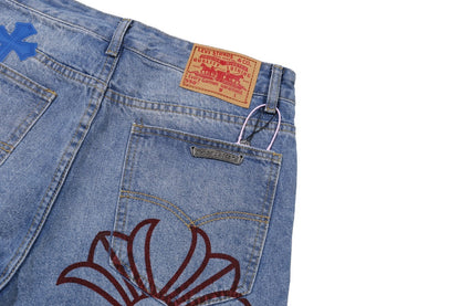Chrome Hearts Extremely Rare Blue Cross Patch Spraypainted Jeans
