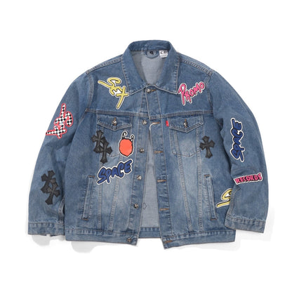 Chrome Hearts Patchwork Denim Jacket - Vintage Blue Gothic Street Jacket