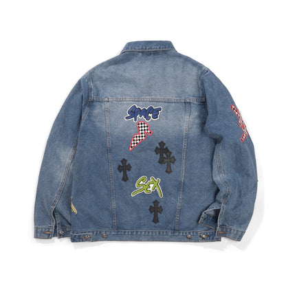 Chrome Hearts Patchwork Denim Jacket - Vintage Blue Gothic Street Jacket