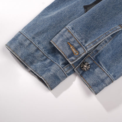 Chrome Hearts Patchwork Denim Jacket - Vintage Blue Gothic Street Jacket