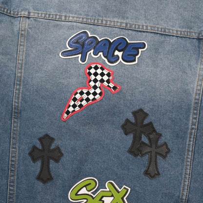Chrome Hearts Patchwork Denim Jacket - Vintage Blue Gothic Street Jacket