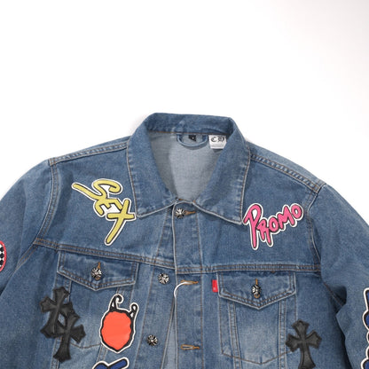 Chrome Hearts Patchwork Denim Jacket - Vintage Blue Gothic Street Jacket