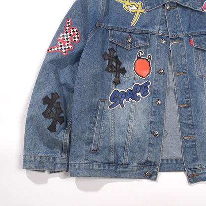 Chrome Hearts Patchwork Denim Jacket - Vintage Blue Gothic Street Jacket