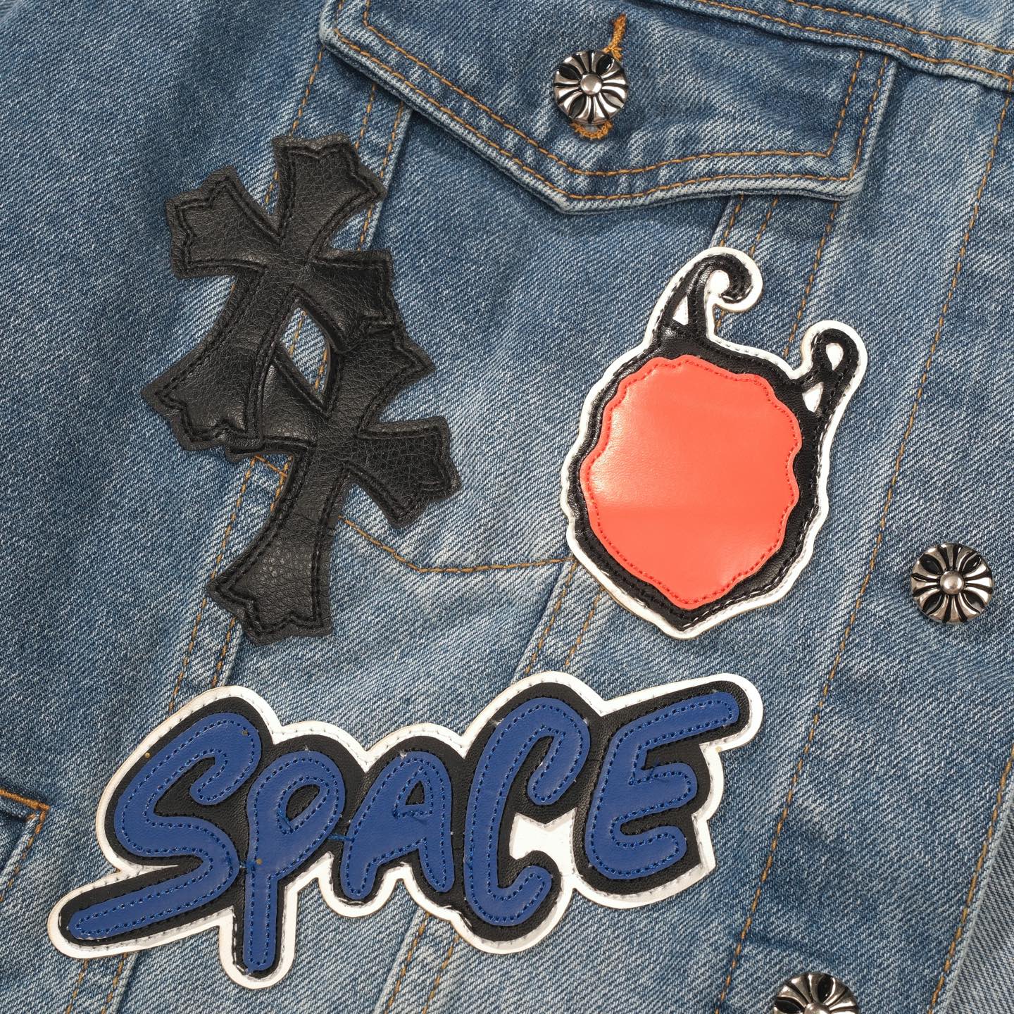 Chrome Hearts Patchwork Denim Jacket - Vintage Blue Gothic Street Jacket