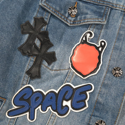 Chrome Hearts Patchwork Denim Jacket - Vintage Blue Gothic Street Jacket