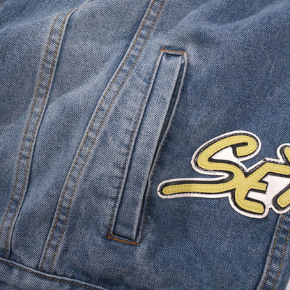 Chrome Hearts Patchwork Denim Jacket - Vintage Blue Gothic Street Jacket